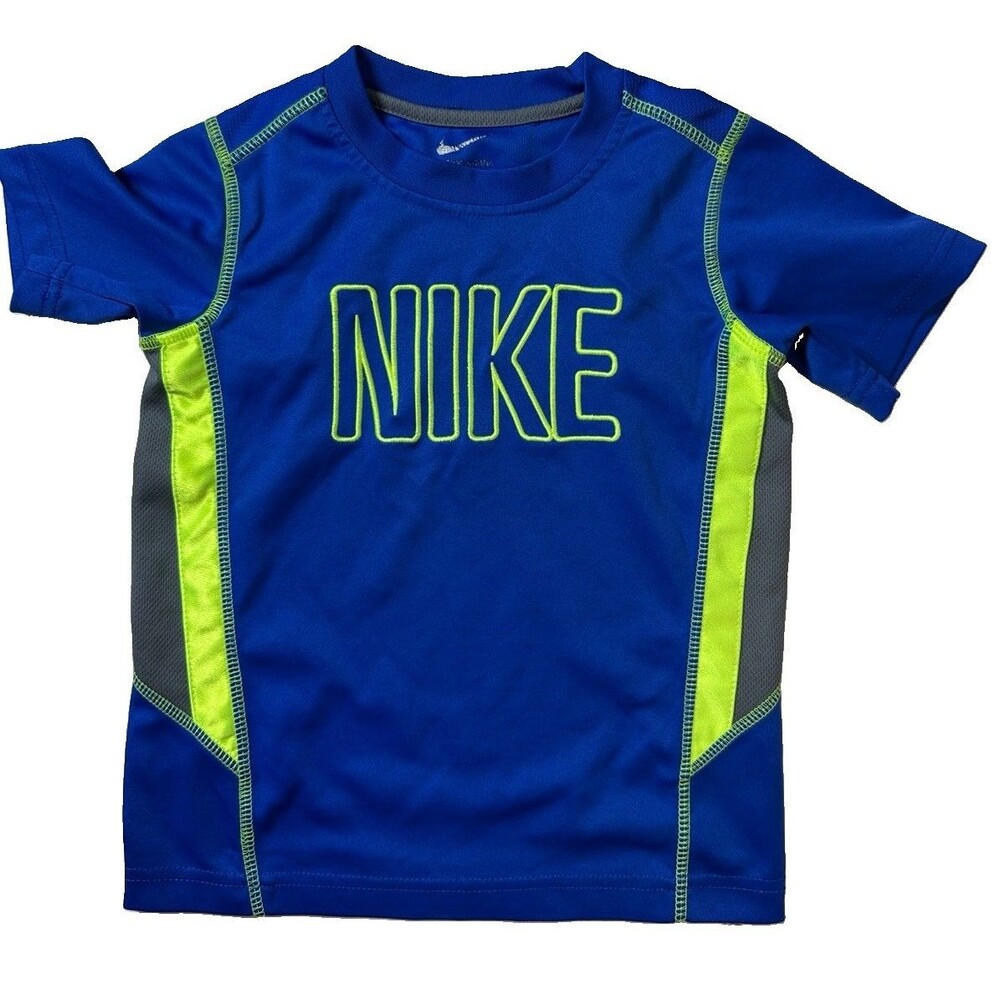 Nike Boys 4 Blue With Neon Yellow Reflective Athletic Short Sleeve Shirt 0180